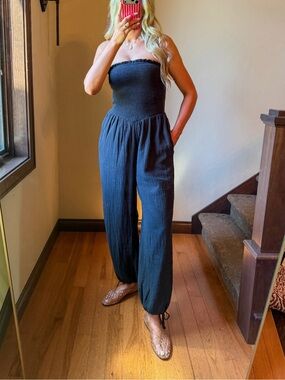 Abercrombie & Fitch Black Smocked Strapless Jumpsuit